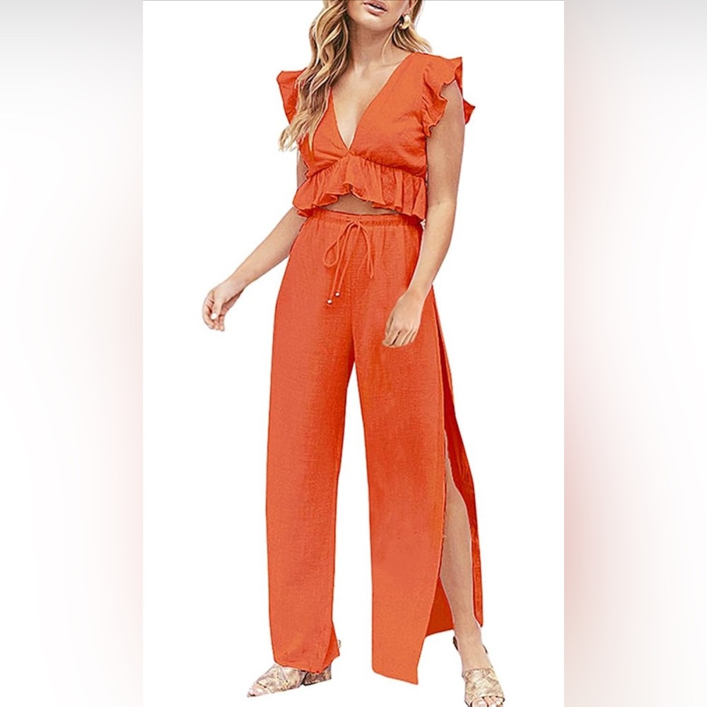 Deep V Neck Crop Top + Wide Leg Pants